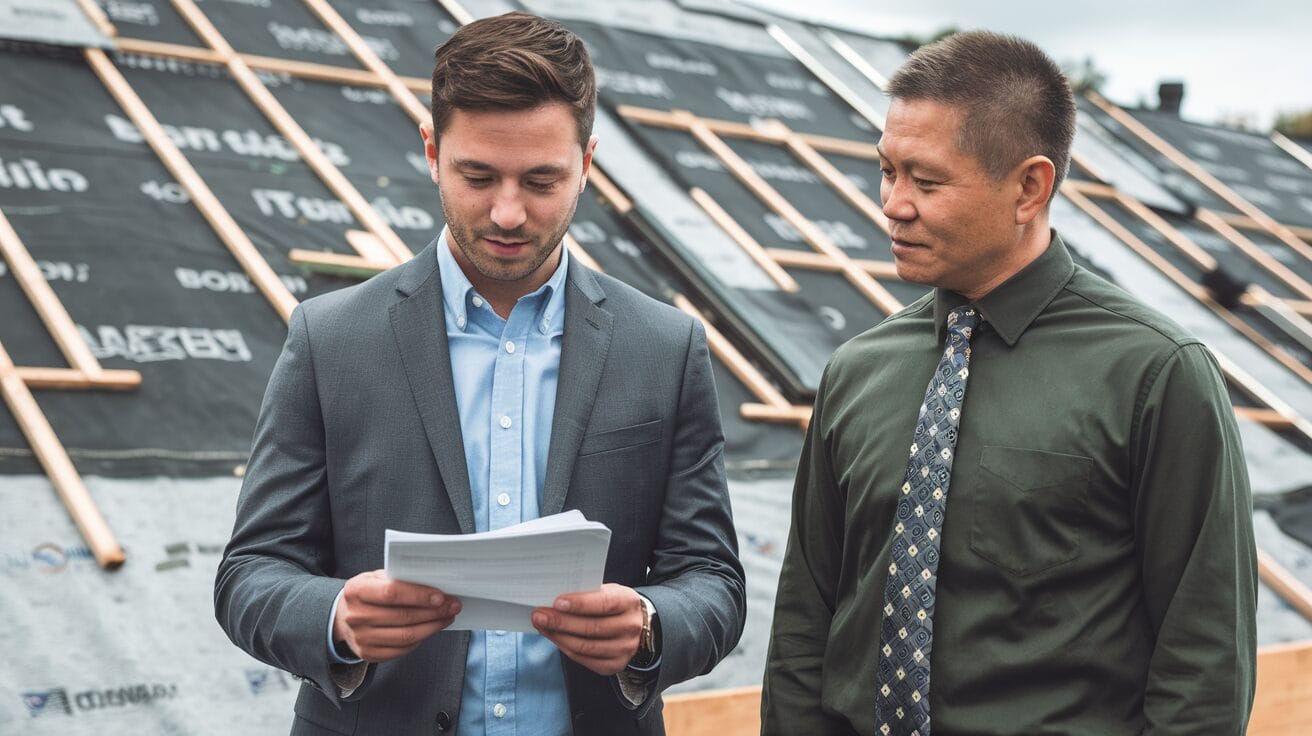 A person in a sky-blue shirt and grey jacket is reading paperwork, while another person in a green shirt and tie stands beside them.