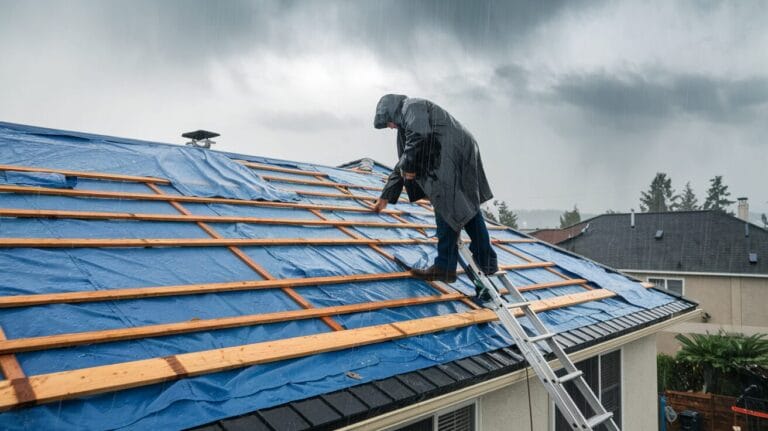 Los Angeles roofer assessing a wet roof during rainy weather, securing tarps to prevent water intrusion.