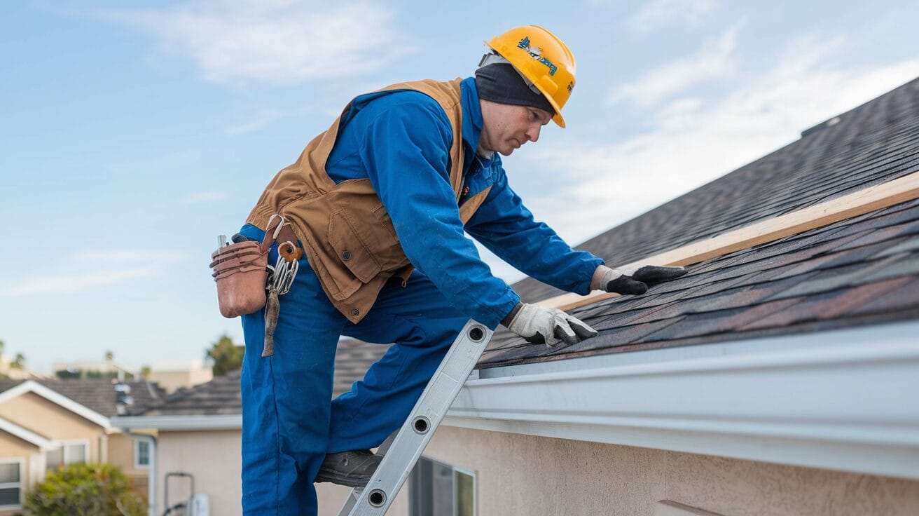 Los Angeles roofer inspecting a residential roof during winter, addressing weather-related challenges for a safe and effective repair.