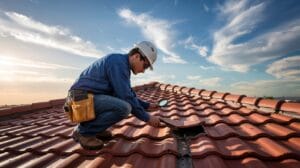Southern California roofer inspecting clay tile roof in sunny weather