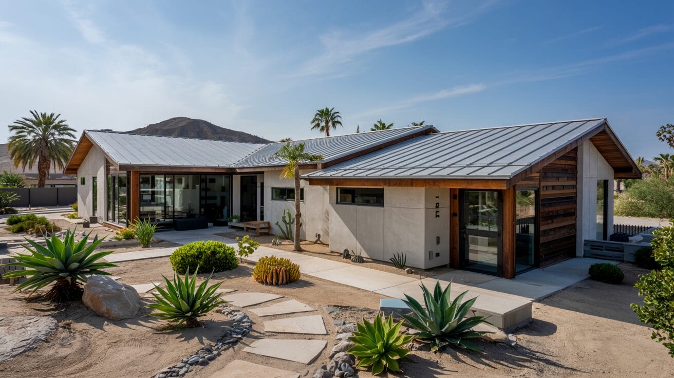 Southern California homes with tile, metal, and shingle roofs under clear sunny skies.