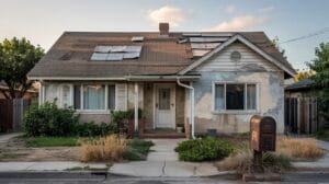 An aging roof on a California home showing sun damage and curling shingles.