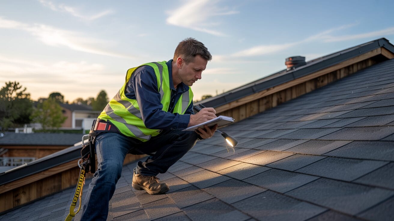 California roofing contractor inspecting roof to maintain warranty compliance.